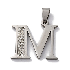Letter M 201 подвески из нержавеющей стали, со стразами, буквы, Буква М, 25x27x2 мм, отверстие : 6x3 мм