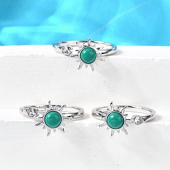 Платина Открытые манжеты из латуни с цирконием для женщин, солнце, с синтетическими бирюзовый, стойки покрытие, прочное покрытие, без кадмия и без свинца, платина, размер США 7 1/4 (17.5 мм)