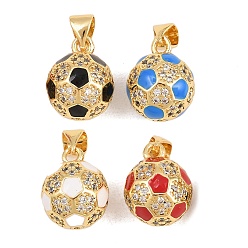 Mixed Color Sports Theme Brass Micro Pave Clear Cubic Zirconia Pendants, with Enamel, Cadmium Free & Lead Free, Real 18K Gold Plated, Rack Plating, Long-Lasting Plated, Football Charms, Mixed Color, 14.5x11.5x11.5mm, Hole: 3x5mm