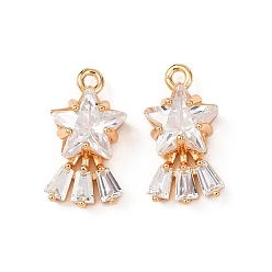 Настоящее золото 18K Латунные микропаве прозрачные подвески с фианитом, звезды прелести, реальный 18 k позолоченный, 16x8.5x4.5 мм, отверстие : 1.4 мм