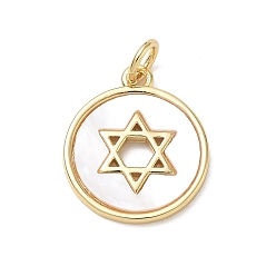 Real 18K Gold Plated Brass & Natural White Shell Pendants, Flat Round with Star of David Charm, Long-Lasting Plated, Rack Plating, Lead Free & Cadmium Free, Real 18K Gold Plated, 18x15x2mm, Hole: 3mm
