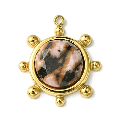 Родонит Ограненные подвески из натурального родонита, гранулированные плоские круглые подвески, с ионным покрытием (ip) 304 настройки из нержавеющей стали, реальный 14 k позолоченный, 19.5x17x4.5~6 мм, отверстие : 1.5 мм