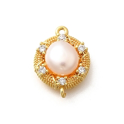 Настоящее золото 18K Латунные прозрачные кубические цирконии плоские круглые звенья соединительные подвески, без кадмия, без никеля и без свинца, с натуральным пресноводным жемчугом, реальный 18 k позолоченный, 14.5x11x5.5 мм, отверстие : 1 мм