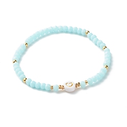 Licht Himmel blau Glasperlen Armbänder strecken, mit Acryl- & Messingperlen, flach rund mit Herzmuster, Licht Himmel blau, Innendurchmesser: 2-1/4 Zoll (5.7 cm)