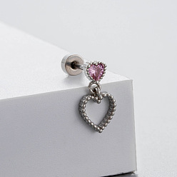 Сердце Серьги-гвоздики с розовыми кубическими цирконами из латуни, с 304 штифтов из нержавеющей стали, цвет нержавеющей стали, сердце, Длина стержня: 6мм, штифты : 0.8 мм, Руководитель: 4 mm