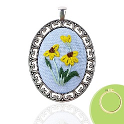 Желтый Набор для вышивания ожерелья своими руками, включая иглы для вышивания и нитки, металлическая фурнитура, овальной цветок, желтые, 60x40 мм