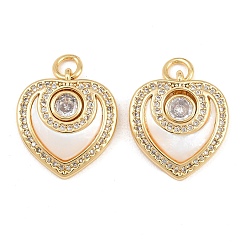 Golden Brass Micro Pave Clear Cubic Zirconia Pendants, Heart Charm, with Natural Shell & Brass Jump Ring, Golden, 17.5x16x4mm, Hole: 3.5mm