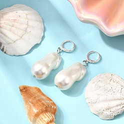 Платина Серьги-кольца из латуни и пластика с жемчугом, овальные, платина, 48.5x15.5 мм