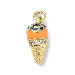 Оранжевый Латунные микро проложить кубического циркония подвески, с эмалью, долговечный, стойки покрытие, без свинца и без кадмия, мороженое прелести, реальный 18 k позолоченный, оранжевые, 18.5x9x8 мм, отверстие : 3 мм