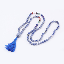 (306FM) Жонкиль матовый с лаймовой подкладкой Колье из натурального синего пятна с яшмой и кисточкой, с подвеской, чакра ожерелья, 40.5 дюйм (103 см)