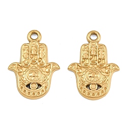 Chapado en Oro Real 18K 304 colgantes de acero inoxidable, Amuletos de mano de Hamsa con estampado floral, revestimiento de iones (ip), real 18 k chapado en oro, 24x17x2 mm, agujero: 2.3 mm
