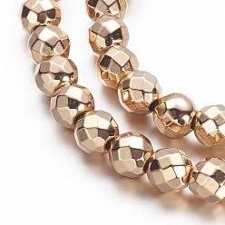 Rose Gold Plated Electroplate Non-magnetic Synthetic Hematite Beads Strands, Faceted(64 Facets), Round, Light Rose Gold Plated, 6mm, Hole: 1.1mm, about 72pcs/strand, 15.7 inch