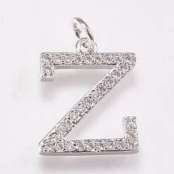 Letter Z Brass Micro Pave Cubic Zirconia Letter Pendants, Letter.Z, 12x16x2mm, Hole: 3mm