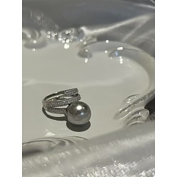 Серый Регулируемые манжеты из латуни со стразами и искусственным жемчугом, круглые, платина, серые, внутренний диаметр: 15~20 мм