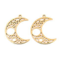Настоящее золото 18K 304 подвески из нержавеющей стали, полое лунное очарование, ионное покрытие (ip), реальный 18 k позолоченный, 32x24.5x1.5 мм, отверстие : 1.8 мм