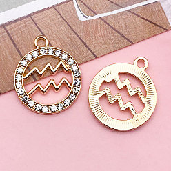 Водолей Подвески из хрусталя из цинкового сплава, плоско-круглые, созвездие, золотой свет, Водолей, 21x18 мм