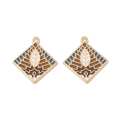 Коричневый Стойки обшивки сплава эмали подвески, ромб с подвеской в виде листа, без кадмия, без никеля и без свинца, кофе, 28x25x2 мм, отверстие : 1.5 мм