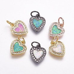 Mixed Color Brass Micro Pave Cubic Zirconia Charms, with Synthetic Opal, Heart, Mixed Color, 12x10x2mm, Hole: 4mm