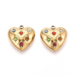Настоящее золото 14K 304 подвески из нержавеющей стали, со стразами, сердце, реальный 14 k позолоченный, 15.5x15x4.5 мм, отверстие : 1.5 мм