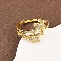 Настоящее золото 18K Манжеты из латуни с микро паве кубический цирконий для женщин, кокосовая пальма с морскими звездами, долговечный, стойки покрытие, реальный 18 k позолоченный, 14 мм, регулируемый