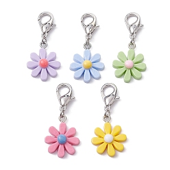 Mixed Color Opaque Resin Daisy Flower Pendant Decorations, with Zinc Alloy Lobster Claw Clasps, Mixed Color, 49mm