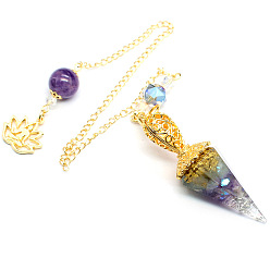 Смешанные камни Большие подвески из смоляного конуса для биолокации, с натуральной каменной крошкой внутри и металлической фурнитурой золотистого оттенка, 340 мм