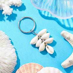 Платина Натуральные бусины из ракушек каури с железными разъемными кольцами для ключей и латунными бусинами, платина, 70 мм