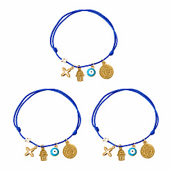 Blue Religion 304 Stainless Steel Cross Hamsa Hand Evil Eye Charm Bracelet Sets, Adjustable Stackable Cord Bracelets with Cube Dyed Natural Imperial Jasper Beads, Golden, Blue, 11.02 inch(28cm), 3pcs/set