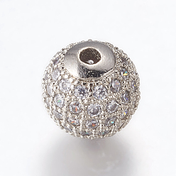 Прозрачный Латунные микро проложить кубического циркония бусы, круглые, платина, прозрачные, 10 мм, отверстие : 2 мм