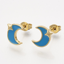 Deep Sky Blue Brass Stud Earrings, with Enamel and Ear Nuts, Moon with Star, Golden, Deep Sky Blue, 10x9mm, Pin: 0.7mm