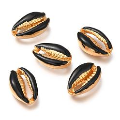 Black Alloy Beads, with Enamel, Shell, Real 18K Gold Plated, Black, 19~20x12~12.5x6mm