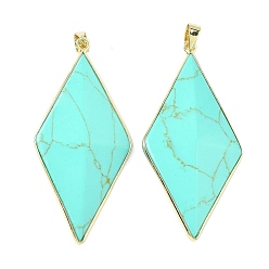 Синтетическая Бирюза Синтетическая бирюза граненые большие подвески, латунные ромбовидные подвески, золотые, 52.5~53.5x25~26x7~7.5 мм, отверстие : 6.5x4.5 мм