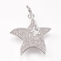 Platinum Brass Micro Pave Cubic Zirconia Pendants, Star, Platinum, 20x19x2.5mm, Hole: 3mm