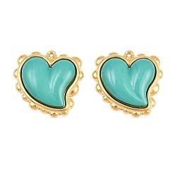 Dark Cyan Baking Paint 304 Stainless Steel Pendants, Heart Charms, Ion Plating(IP), Real 18K Gold Plated, Dark Cyan, 30.5x31x6mm, Hole: 1.5mm