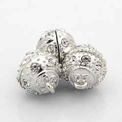 Platinum Mixed Round Alloy Magnetic Clasps with Loops, with Grade A Rhinestone, Platinum, 17.5x13mm, Hole: 2mm
