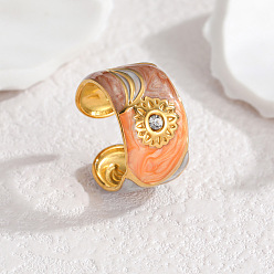 Разноцветный 304 Кольца-манжеты из нержавеющей стали с эмалью и стразами, рисунок солнца, золотые, красочный, 17 мм