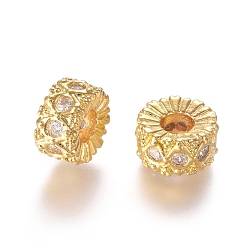 Настоящее золото 18K Латунные микро проложить кубических циркония шарики прокладки, плоско-круглые, прозрачные, реальный 18 k позолоченный, 9.5x5 мм, отверстие : 3.5 мм