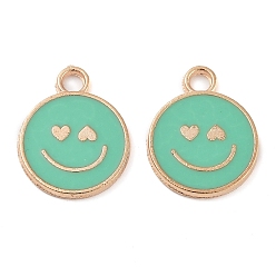Светлый Морско-зеленый Подвески из эмали и сплава, без кадмия и без свинца, золотые, плоский круглый шарм с улыбающимся лицом, светло-зеленый, 19x15x1.7 мм, отверстие : 2.5 мм