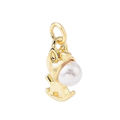 Echt 18 k vergoldet Messing Anhänger & Charms, mit abs Kunststoffperle, Schaukelpferd Charme, Gestell, langlebig überzogen, Bleifrei und cadmium frei, echt 18 k vergoldet, 16x11.5x7 mm, Bohrung: 3 mm