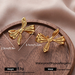 Bowknot 304 Stainless Steel Stud Earrings for Women, Half Hoop Earrings, Golden, Bowknot, 31x23mm