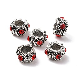 Античное Серебро Сплавочные европейские бусины, с Siam горный хрусталь, бусины с большим отверстием, цветок, античное серебро, 10~11x6 мм, отверстие : 5 мм