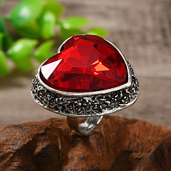 Красный Регулируемые кольца-манжеты из сплава со стеклом для женщин, сердце, античное серебро, красные, внутренний диаметр: 18 мм