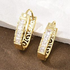 Настоящее золото 18K Квадратные серьги-кольца из латуни с овальными микропаве из прозрачных кубических цирконий, украшенные латунными микрогранулами., реальный 18 k позолоченный, 23x15.5x4.5 мм