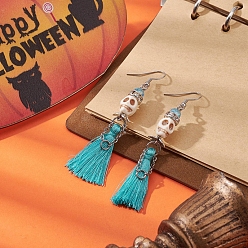 Turquoise Synthetic Turquoise Skull Dangle Earrings, 316 Surgical Stainless Steel Tassel Earrings for Halloween, Turquoise, 77~79mm, Pin: 0.7mm
