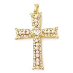 Настоящее золото 18K Подвески из латуни с микропаве из кубического циркония и имитация жемчуга из АБС-пластика, без свинца и без кадмия, долговечный, крестик, реальный 18 k позолоченный, 36x25x5 мм, отверстие : 4x2 мм