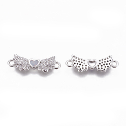 White Brass Cubic Zirconia Links, with Synthetic Opal, Wing with Heart, Platinum, White, 7x21x2mm, Hole: 1.6mm