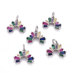 Platinum Brass Micro Pave Cubic Zirconia Charms, with Jump Rings, Rainbow, Colorful, Platinum, 10x13.5x2.5mm, Hole: 2.5mm