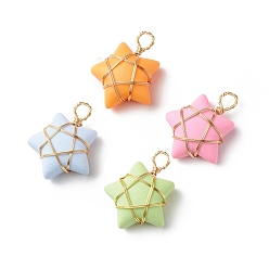 Golden Opaque Resin Pendants, with Copper Wire Wrapped, Mixed Color, Star Charm, Golden, 22x18.5~19.5x7.5~8mm, Hole: 3.5~4mm