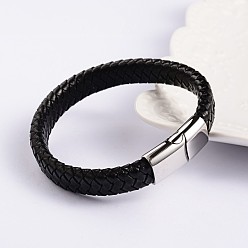 Black Trendy Leather Braided Cord Bracelets, with 304 Stainless Steel Magnetic Clasps, Black, 220x12x6mm