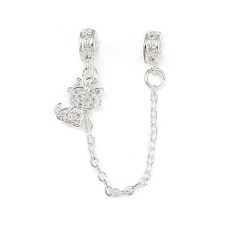 Cat Shape Латунные паве прозрачные кубические цирконии европейские защитные цепи с подвесками, долговечный, стойки покрытие, серебряный цвет гальваническим, форма кошки, 87 мм, отверстие : 4 мм, Кошка: 12.5x10x1.5 mm